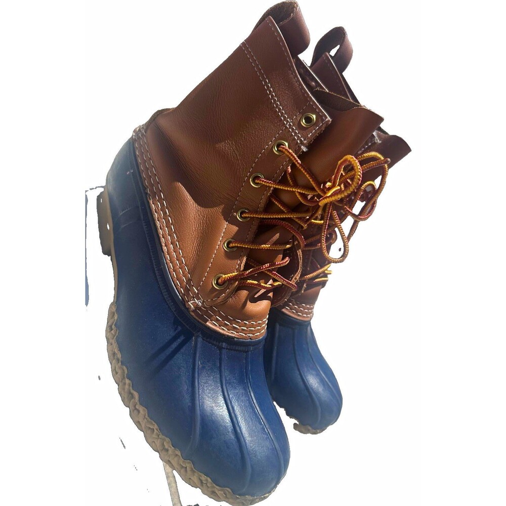 L.L.Bean Duck Boots Brown Blue Waterproof Leather Rubber Lace Up Approx Mens 8